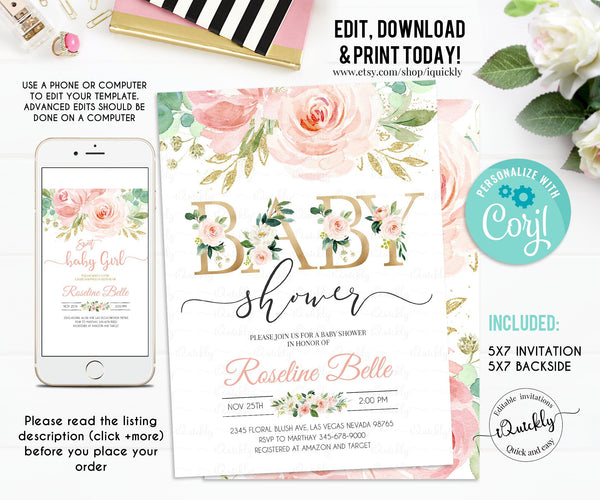 Blush Pink Floral Baby Shower Invitation, EDITABLE Invitation, Printable Baby Shower Invite Template, Sweet Baby Girl, Instant Download