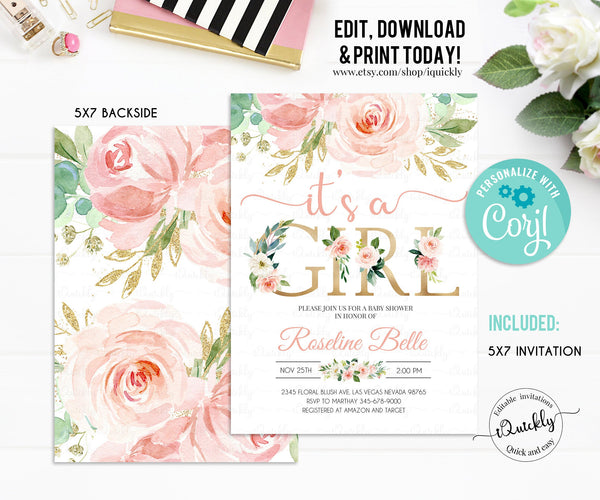 EDITABLE Invitation Blush Pink Floral Baby Shower Invitation It’s a girl Printable Baby Shower Invite Template, Sweet Girl Instant Download