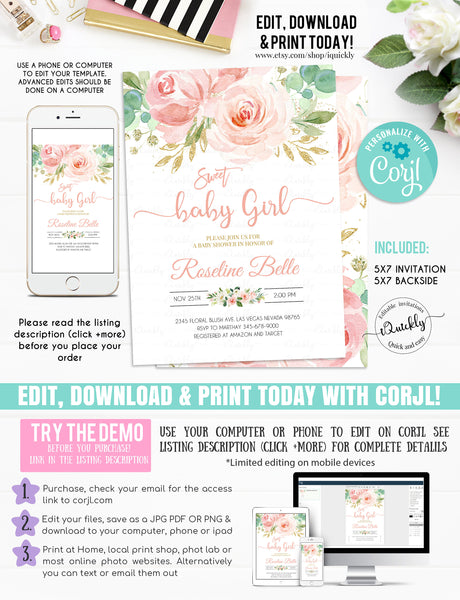 EDITABLE Blush Pink Floral Baby's 2nd Birthday Party Invitation Printable Baby second Birthday Invite Template, Boho, Girl, Instant download