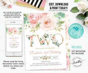 EDITABLE Blush Pink Floral Baby's 2nd Birthday Party Invitation Printable Baby second Birthday Invite Template, Boho, Girl, Instant download