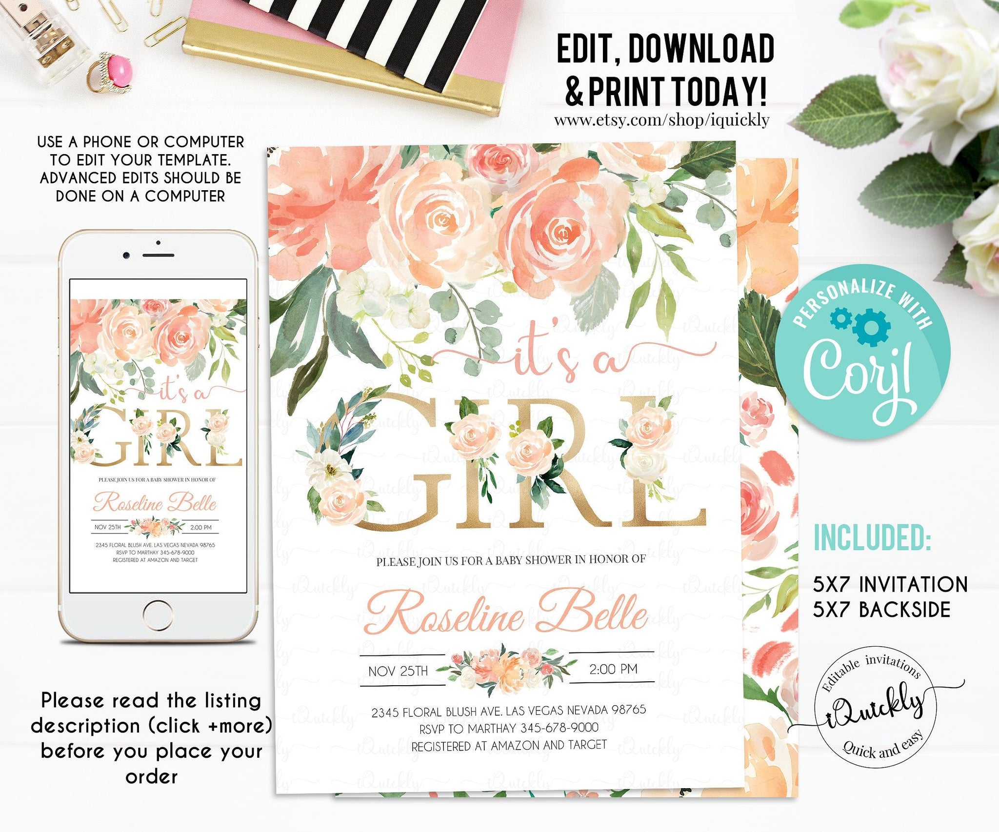 EDITABLE Invitation, Blush Peach Floral Baby Shower Invitation, Printable Baby Shower Invite Template, Baby Girl, Instant Download
