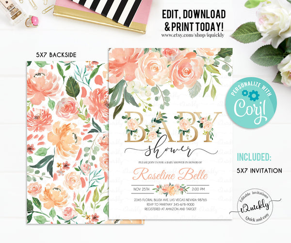 EDITABLE Invitation, Peach Floral Baby Shower Invitation, Printable Baby Shower Invitation Template, Invite, Peach Blush Instant download