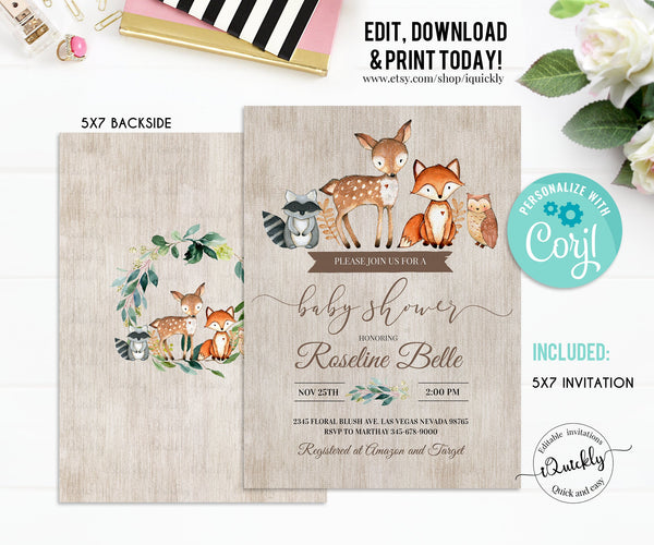 WOODLAND Baby Shower Invitation, EDITABLE Forest Animals, Fox Deer Raccoon BOY Rustic Style Invite Woodland Gender Neutral instant download
