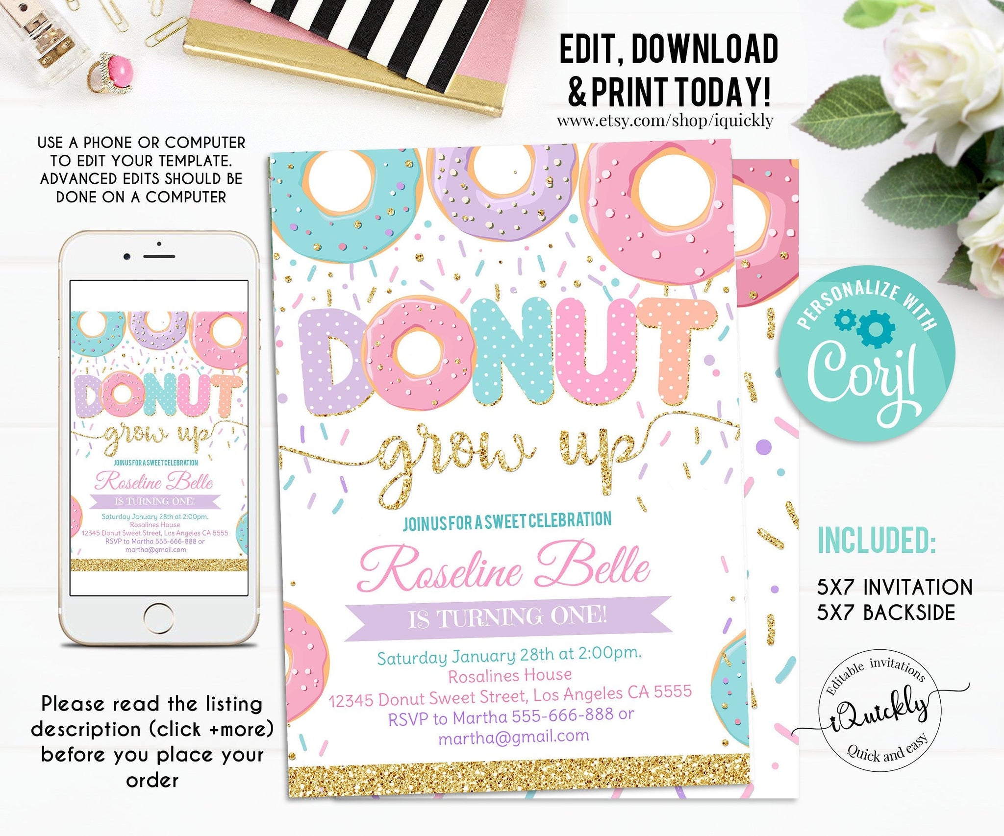 EDITABLE Donut Grow Up Birthday Invitation, Donut Grown Up Invite Donut 1st Birthday Party Invitations doughnut Girl invite Instant Download