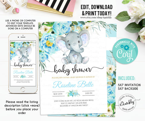 Elephant Baby Shower Invitation boy, EDITABLE Boy Baby Shower Invitations, Jungle Safari Baby Shower Invite, Floral Instant Download