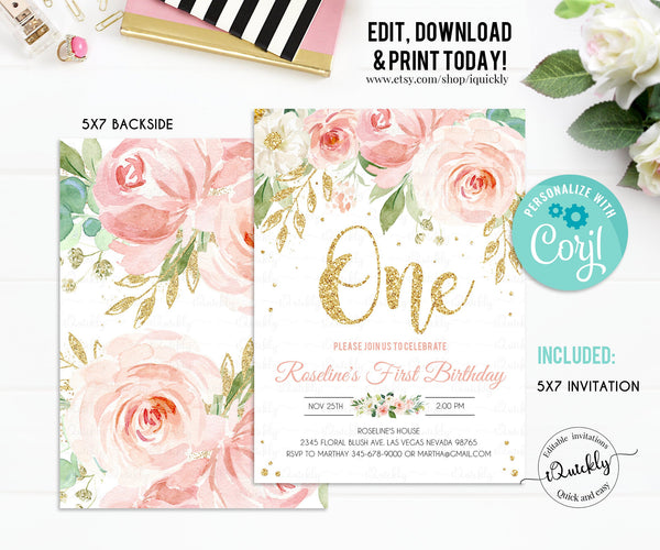 EDITABLE Blush Pink Floral Baby's First Birthday Party Invitation, Printable 1st Birthday Invite Template, Boho Girl, One Instant download