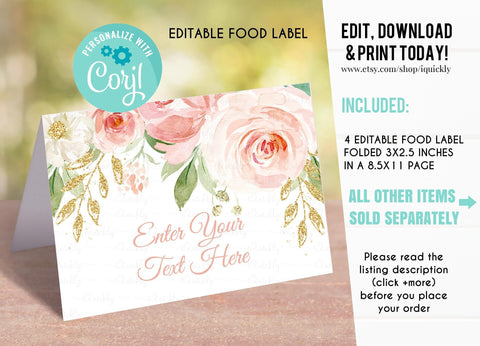 EDITABLE Blush Pink Floral Food tags, Buffet label, Tent card Food Labels, Place Cards, Table Card Printable Template, Girl Instant download