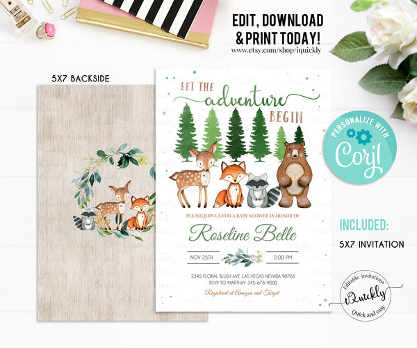Woodland Baby Shower Invitation Set EDITABLE, Book for baby, diaper raffle thank you Adventure Forest Package, Gender Neutral mountain, Boy