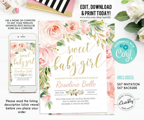 EDITABLE Floral Invitation, Blush Pink Floral Baby Shower Invitation, Printable Baby Shower Invite Template Sweet Baby Girl Instant Download
