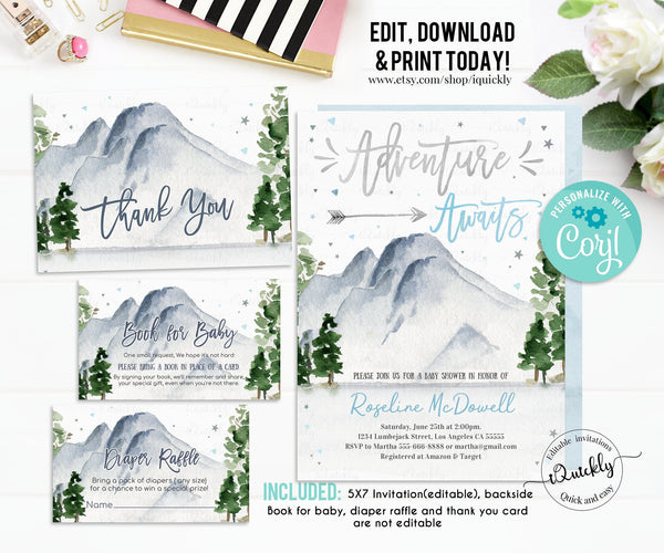 EDITABLE Mountain Baby Shower invitation Set, Adventure Awaits Package, Hunter, Tribal shower Invite pack, Boy Printable, Instant download
