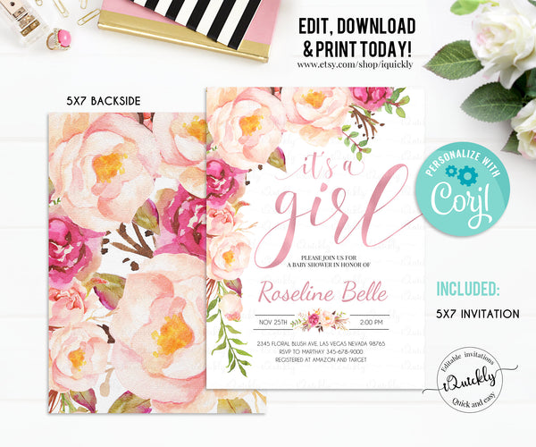 Rose Gold Baby Shower Invitation, EDITABLE Floral Template Invitation, It's a Girl Baby Shower Party Printable Invite Instant Download