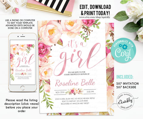 Rose Gold Baby Shower Invitation, EDITABLE Floral Template Invitation, It's a Girl Baby Shower Party Printable Invite Instant Download