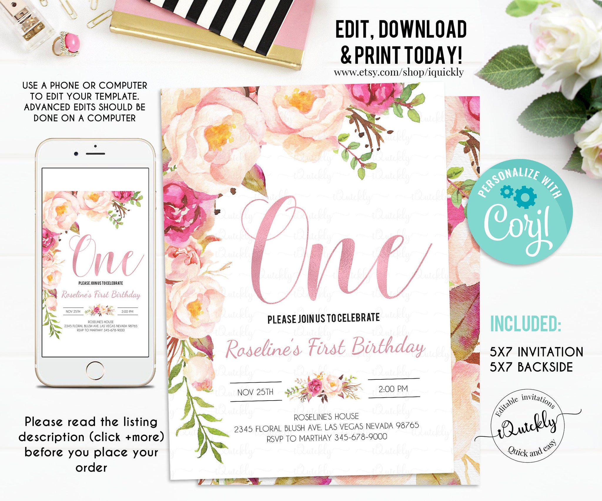EDITABLE Rose Gold First Birthday Invitation, Floral 1st Bithday Template Invitations Rose Gold Party Girl Printable Invite Instant Download