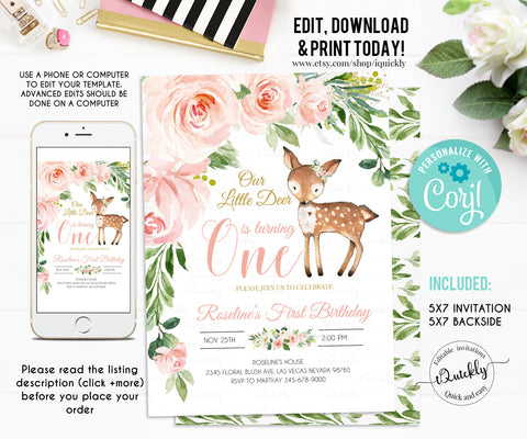 Our Little deer First Birthday Invitation, Woodland Deer Birthday Invitations, Floral Woodland Invite, Editable template, INSTANT DOWNLOAD