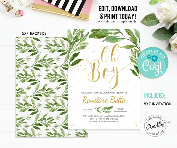 Greenery Baby Shower Invitation, EDITABLE invitaitons, Modern Boy Invite Green and gold Coed Baby Shower Template Printable Instant Download