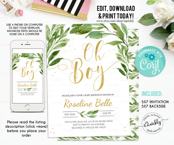 Greenery Baby Shower Invitation, EDITABLE invitaitons, Modern Boy Invite Green and gold Coed Baby Shower Template Printable Instant Download
