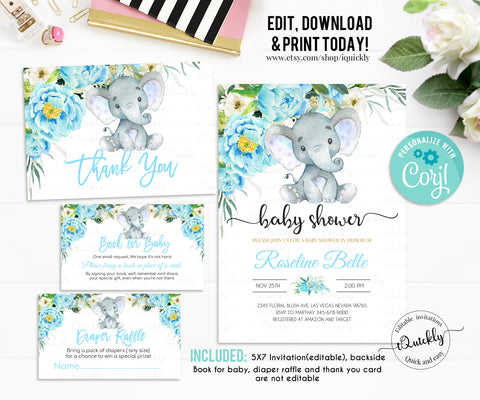 Elephant Baby Shower Invitation boy Set EDITABLE, Book for baby, diaper raffle thank you package Pack Safari Invite, Floral Instant Download