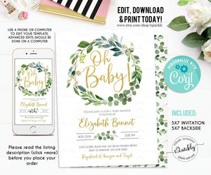 EDITABLE Greenery Baby Shower Invitation, Gender Neutral Eucalyptus Baby Shower Invite, Green Gold Wreath Invitations Instant download