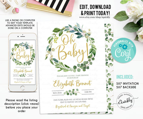 EDITABLE Greenery Baby Shower Invitation, Gender Neutral Eucalyptus Baby Shower Invite, Green Gold Wreath Invitations Instant download