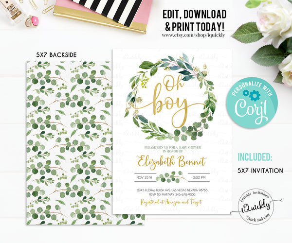 Green and Gold Baby shower Invitation EDITABLE Greenery Gender Neutral Eucalyptus Invitations Oh boy Wreath Invite Instant download template