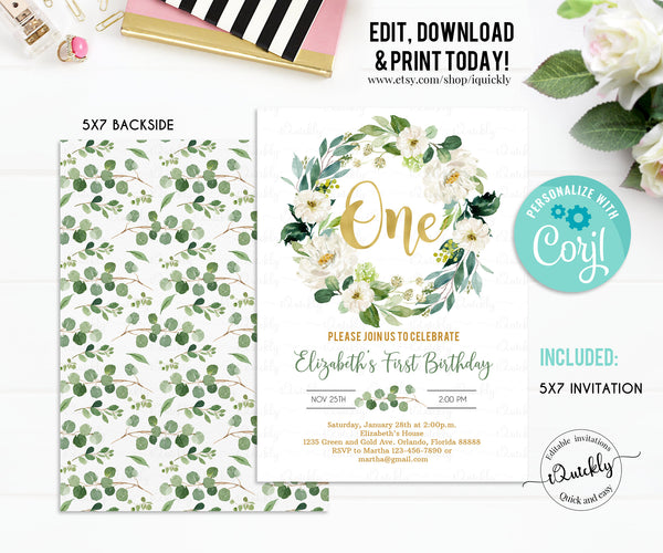 Green and gold first birthday invitation EDITABLE, Greenery Wreath 1st birthday invite,Girl Eucalyptus Invitations Instant Download Template