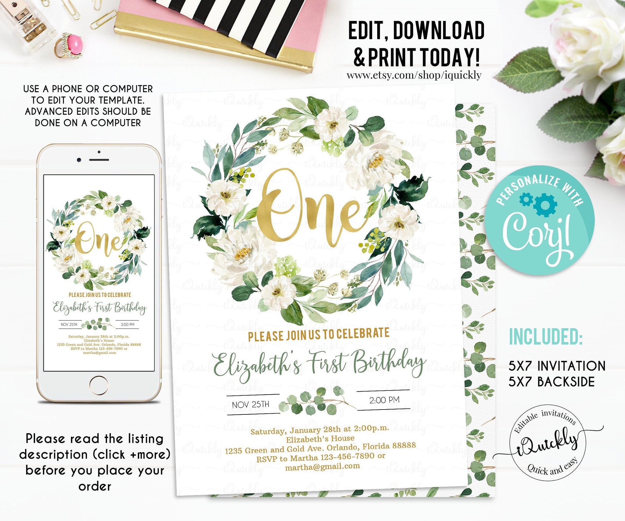 Green and gold first birthday invitation EDITABLE, Greenery Wreath 1st birthday invite,Girl Eucalyptus Invitations Instant Download Template