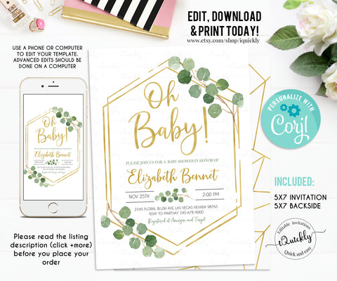 EDITABLE Greenery Baby Shower Invitation, Eucalyptus Gender Neutral Invite, Green Gold Wreath Invitations Instant download Oh baby template