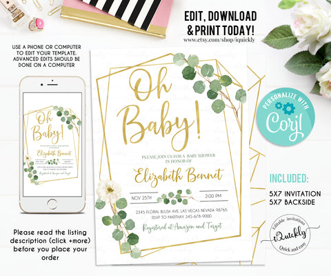 EDITABLE Greenery Baby Shower Invitation, Gender Neutral Eucalyptus Invite, Girl Boy Green and Gold Invitations Instant download Template