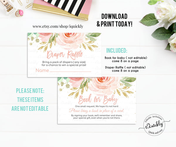 Blush Pink Floral Baby Shower Invitation Set EDITABLE, Thank you card, Diaper Raffle, Book for baby, Package, Pack Instant Download Template
