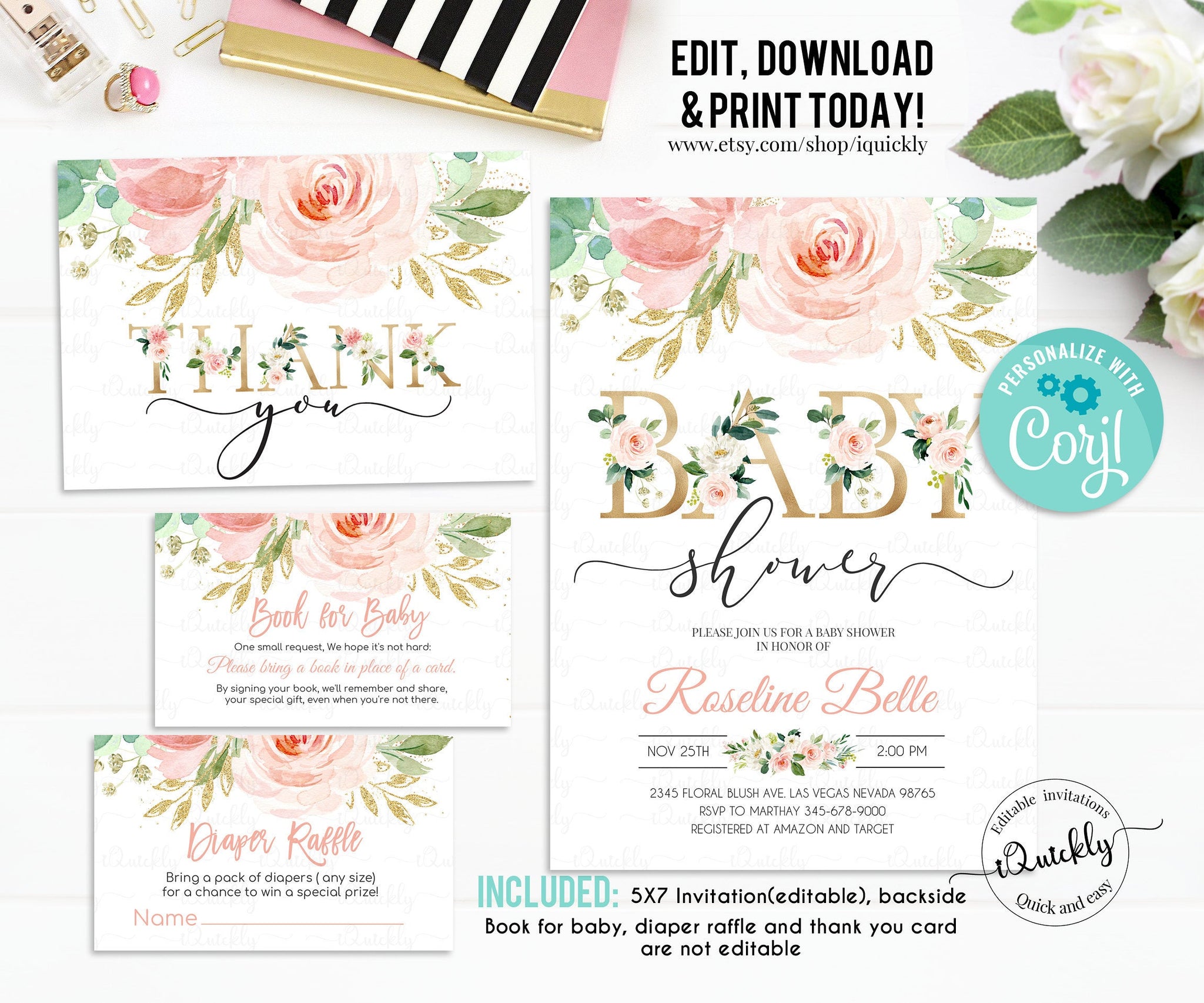 Blush Pink Floral Baby Shower Invitation Set EDITABLE, Thank you card, Diaper Raffle, Book for baby, Package, Pack Instant Download Template