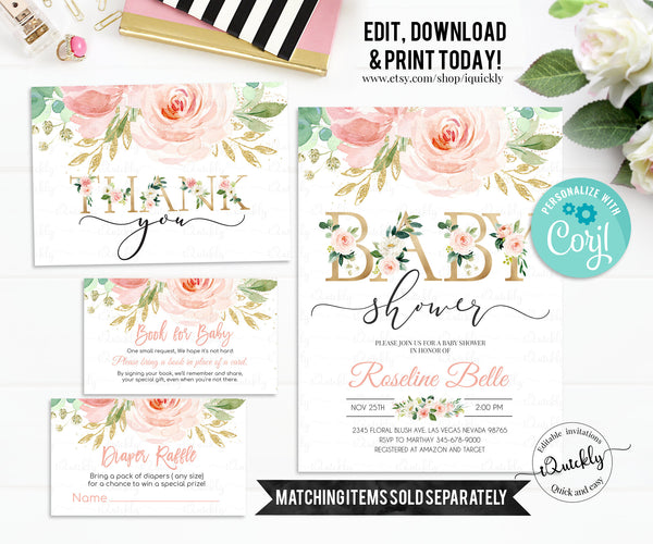 Blush Pink Floral Baby Shower Invitation, EDITABLE Invitation, Printable Baby Shower Invite Template, Sweet Baby Girl, Instant Download