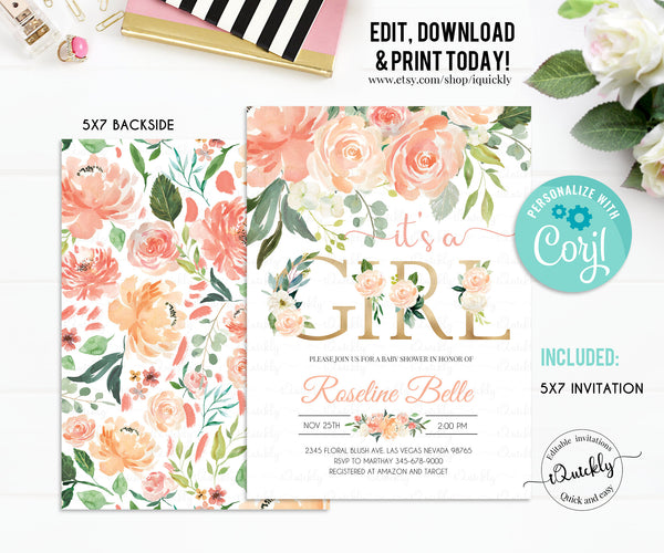 EDITABLE Invitation, Blush Peach Floral Baby Shower Invitation, Printable Baby Shower Invite Template, Baby Girl, Instant Download