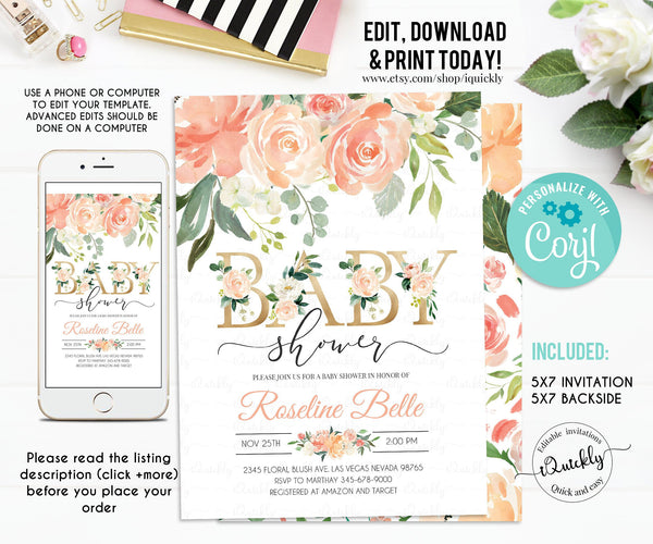 EDITABLE Invitation, Peach Floral Baby Shower Invitation, Printable Baby Shower Invitation Template, Invite, Peach Blush Instant download