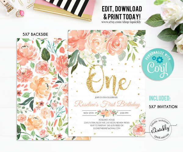 EDITABLE Peach Floral First Birthday Party Invitation, Gold glitter Printable 1st Birthday Invitation Template, Girl, One, Instant download