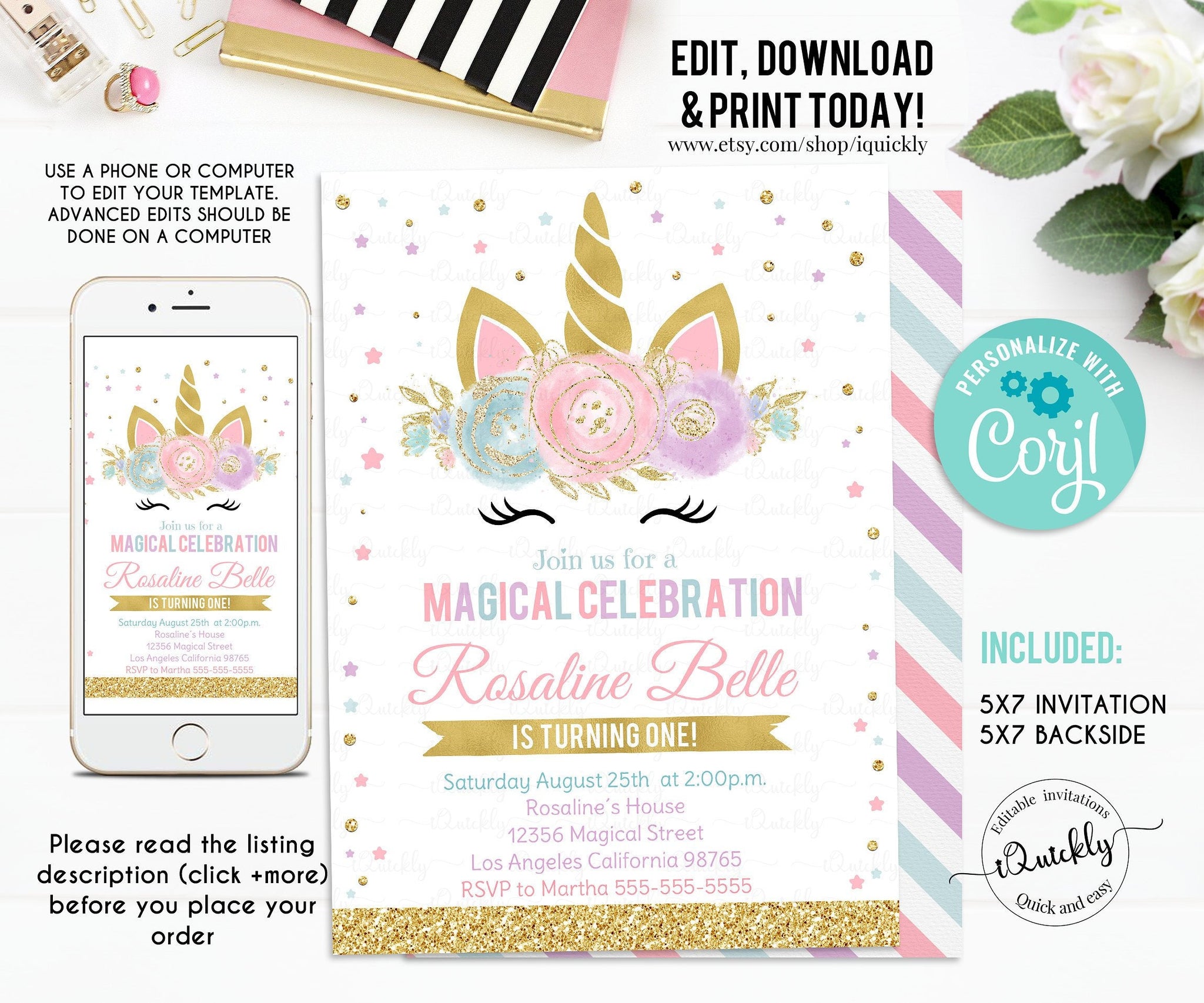 Editable Unicorn Invitation Unicorn Party, Unicorn Birthday Invitations, Magical Unicorn Invite, Girl gold Template Digital Instant Download