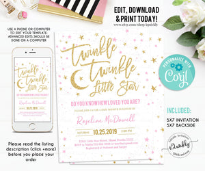 Twinkle twinkle little star baby shower invitation, EDITABLE Pink and Girl Baby Shower Invite Template invitations Digital, Instant Download