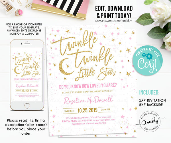 Twinkle twinkle little star baby shower invitation, EDITABLE Pink and Girl Baby Shower Invite Template invitations Digital, Instant Download