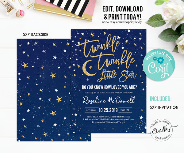 EDITABLE Twinkle Twinkle Little Star Baby Shower Invitation, Boy Shower, Navy and Gold invite, Instant Download Template Digital Little Star