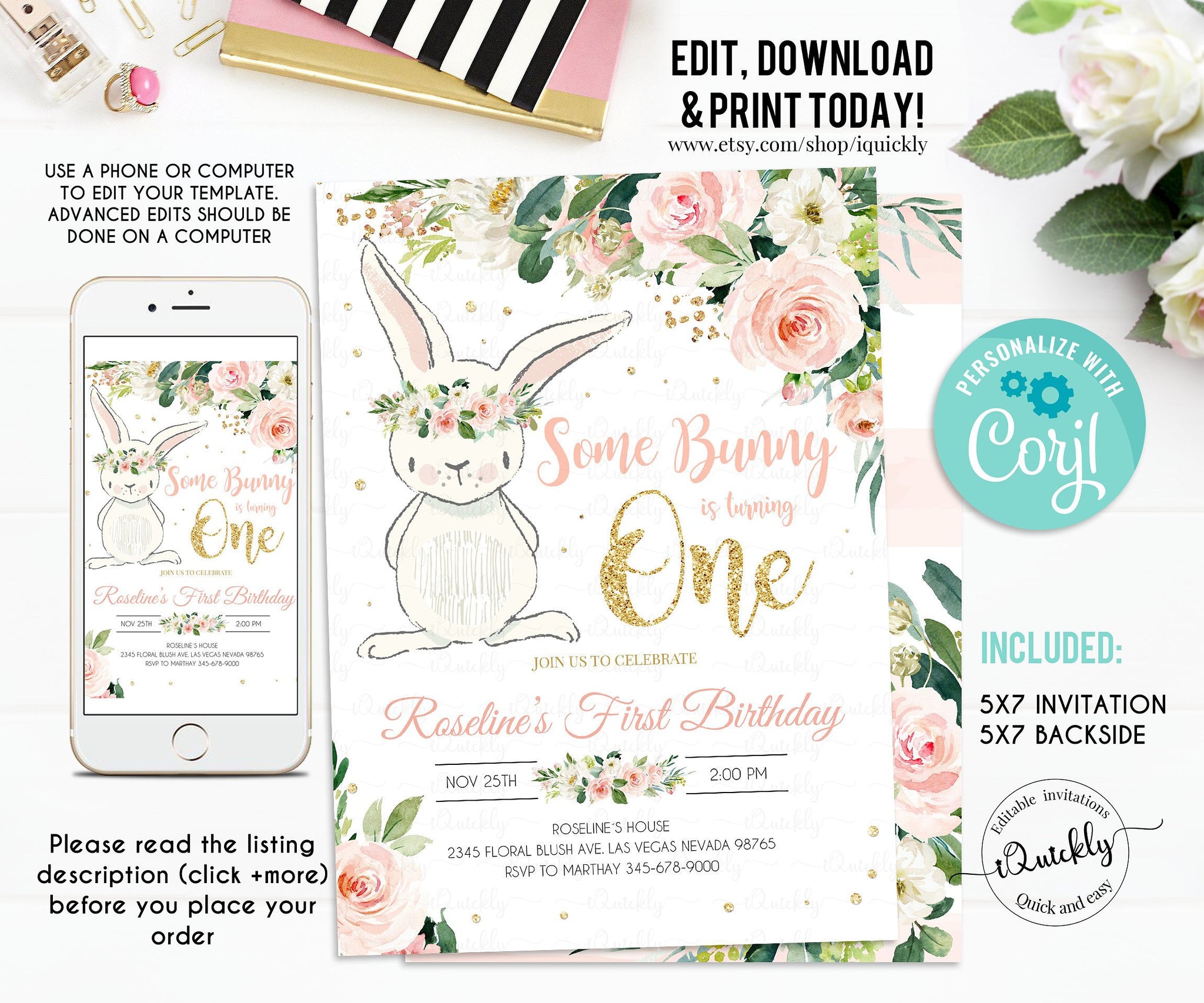 Bunny Birthday Invitation, EDITABLE Bunny 1st Birthday Invite, Pink Gold Bunny Invitations Spring Floral Bunny Instant download Template