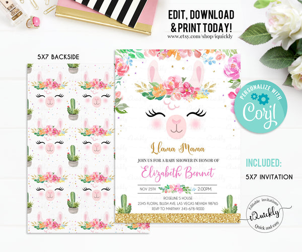 Llama Baby Shower Invitation Editable, Llama Invitations, Alpaca Fiesta Cactus Invite Girls Template Instant download Printable digital