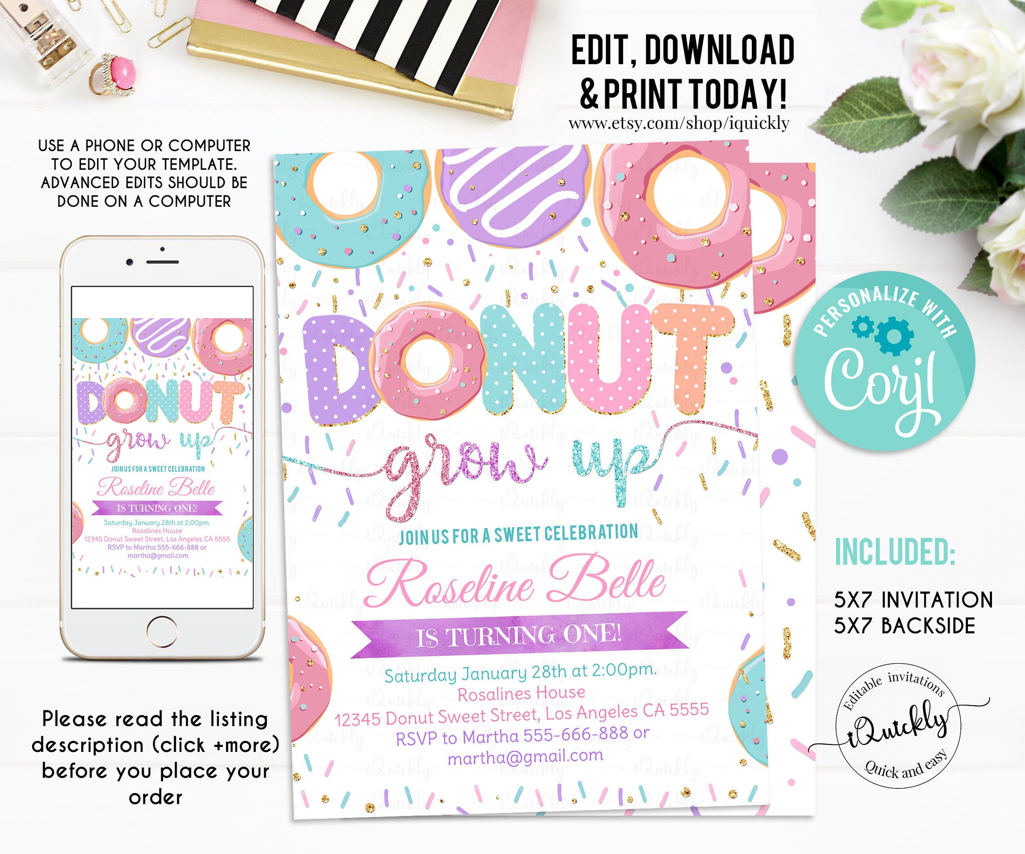 Donut Grow Up Birthday Invitation, EDITABLE Donut Grown Up Invite Donut 1st Birthday Party Invitations doughnut Girl invite Instant Download