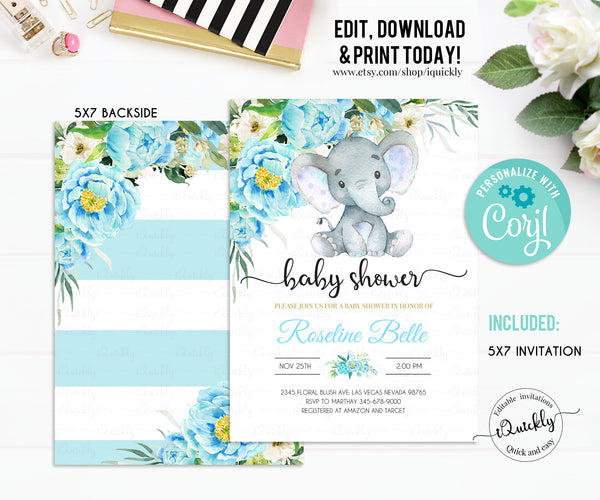 Elephant Baby Shower Invitation boy, EDITABLE Boy Baby Shower Invitations, Jungle Safari Baby Shower Invite, Floral Instant Download