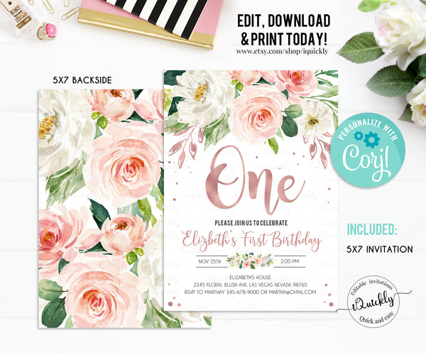EDITABLE Rose Gold First Birthday Party Invitation, Blush Floral Printable 1st Birthday Invite Template, Boho Girl, One Instant download