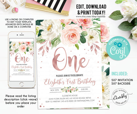 EDITABLE Rose Gold First Birthday Party Invitation, Blush Floral Printable 1st Birthday Invite Template, Boho Girl, One Instant download