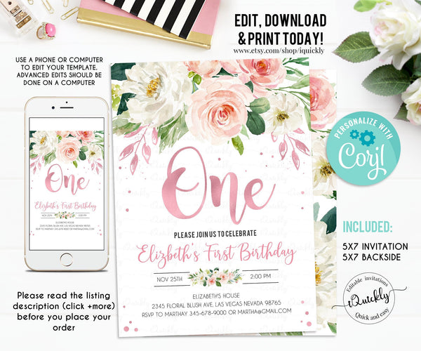 EDITABLE Rose Gold First Birthday Party Invitation, Blush Floral Printable 1st Birthday Invite Template, Boho Girl, One Instant download 2