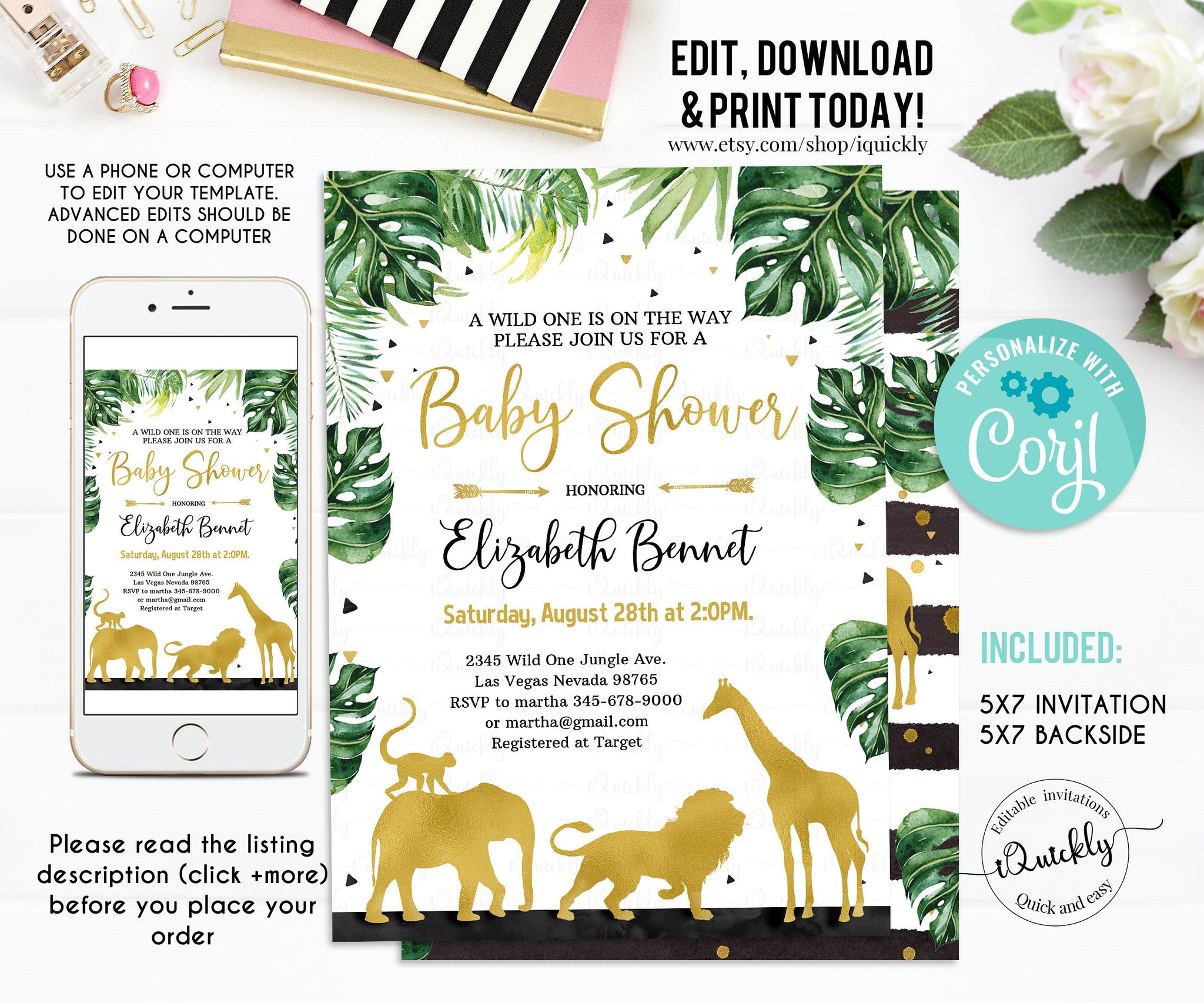 Wild one Baby Shower invitation, EDITABLE Jungle Invitaiton, Gold Safari Invite, Giraffe Lion Elephant Instant download Printable template