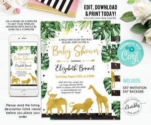 Wild one Baby Shower invitation, EDITABLE Jungle Invitaiton, Gold Safari Invite, Giraffe Lion Elephant Instant download Printable template