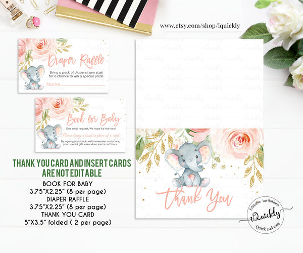 Elephant Baby Shower Invitation Girl Set Package EDITABLE Pink and Gold Shower Invitations Jungle Safari pack Floral Flower Instant Download
