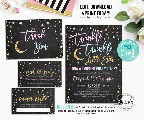 EDITABLE Twinkle Twinkle Little Star Baby Shower Invitation Set, Gender Reveal Shower package, Shower Pack Instant Download Template Digital