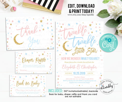 EDITABLE Twinkle Twinkle Little Star Baby Shower Invitation Set, Gender Reveal Shower package, Shower Pack Instant Download Template Digital